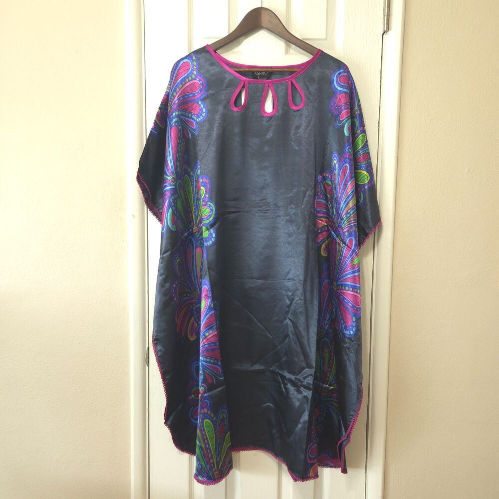 Ashro Paisley Caftan Dress Free Size Navy Pink Satin Kaftan NIP
